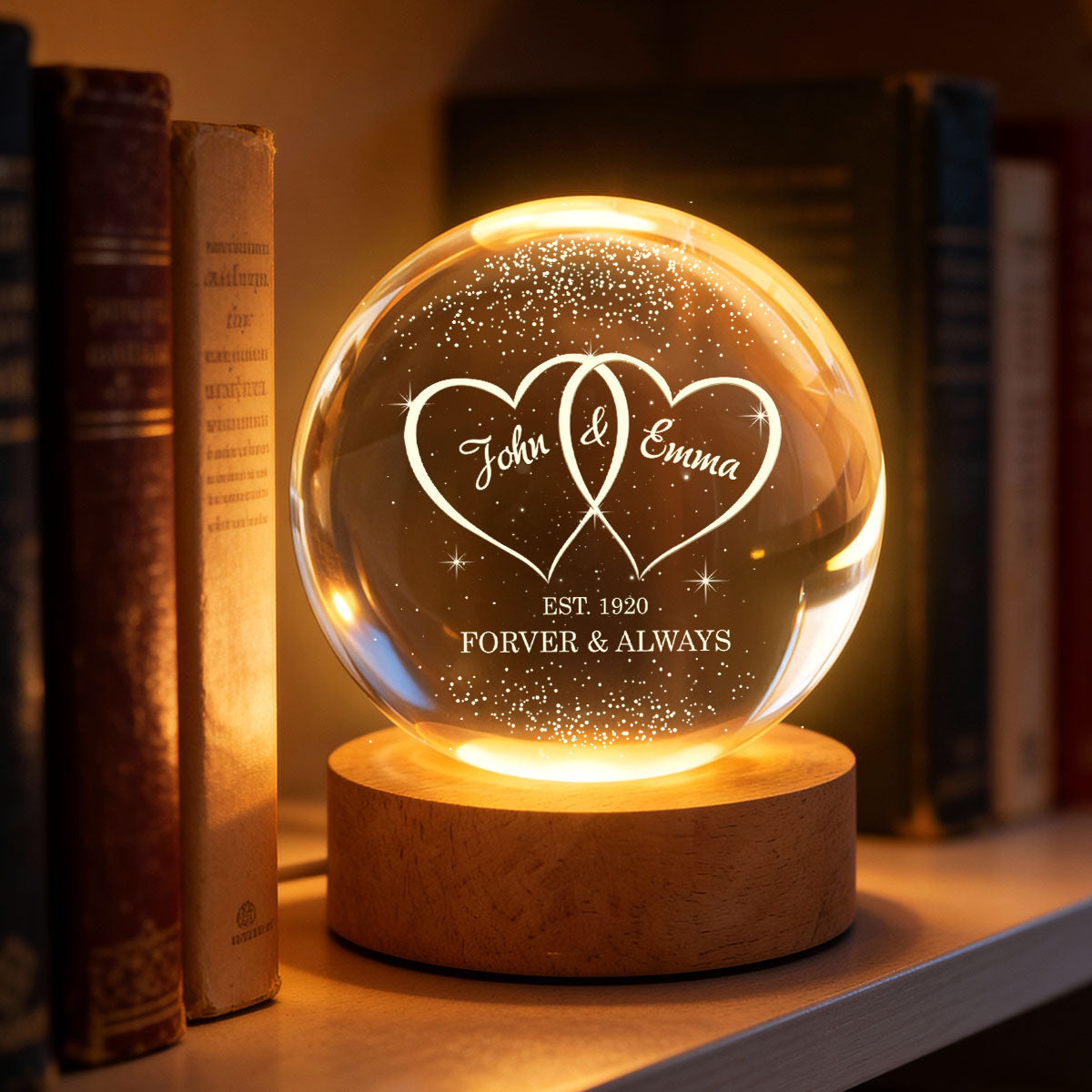 Couple Hearts Interlocked - Personalized Crystal Ball LED Night Light - Heartfelt Valentine's Day Gift for Her, for Him