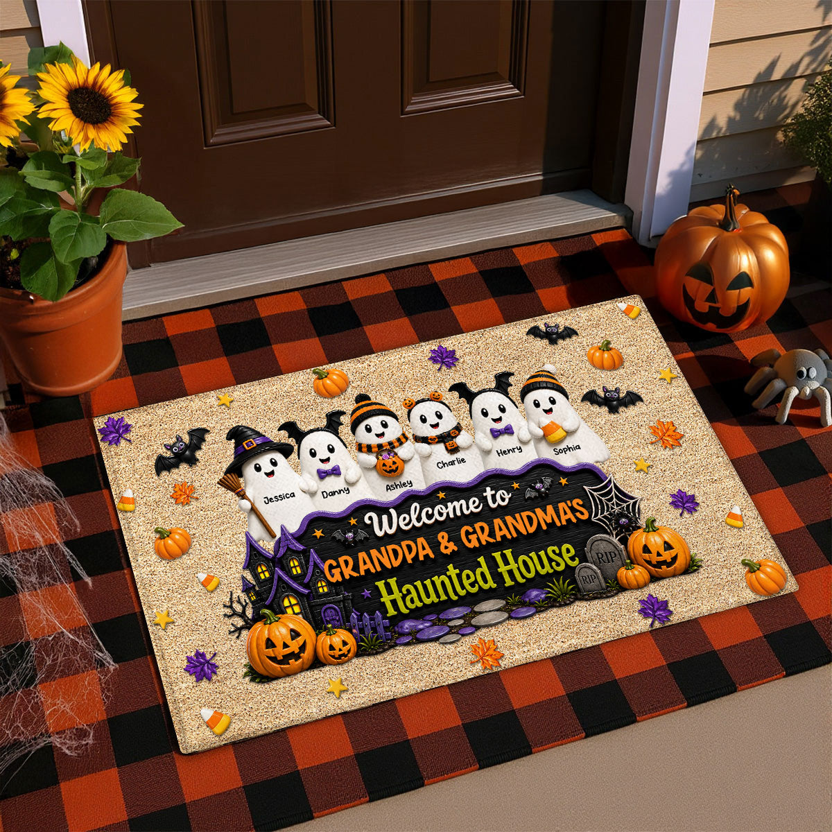 Halloween Welcome To Grandma Grandpa Haunted House Cute Boo Kids - Personalized Doormat - Halloween Decoration For Grandparents