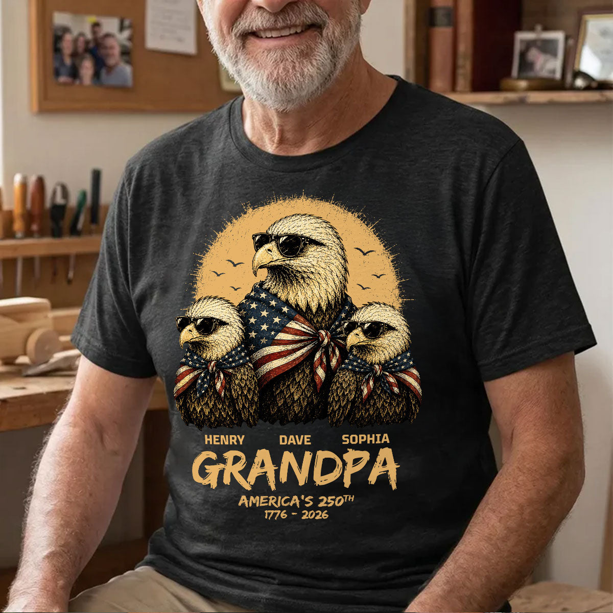 Retro Yellow Vintage Dad Grandpa Eagle America 250th Anniversary - Personalized Shirt - Father's Day Gift For Dad, Grandpa, Husband