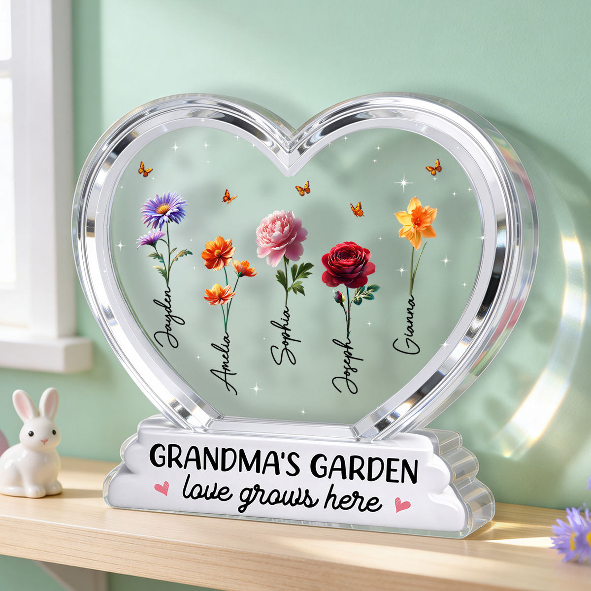 Grandma's Garden Birth Month Flowers In Heart 2D Flat - Personalized Acrylic Block Plaque - Gift For Grandma