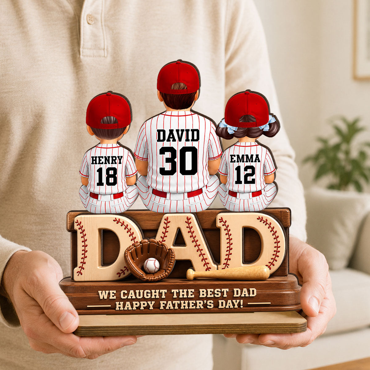 We Caught the Best Baseball Dad, Dad & Kids Back View - Personalized 2-Layered Wooden Plaque -  Gift for Dad, Husband