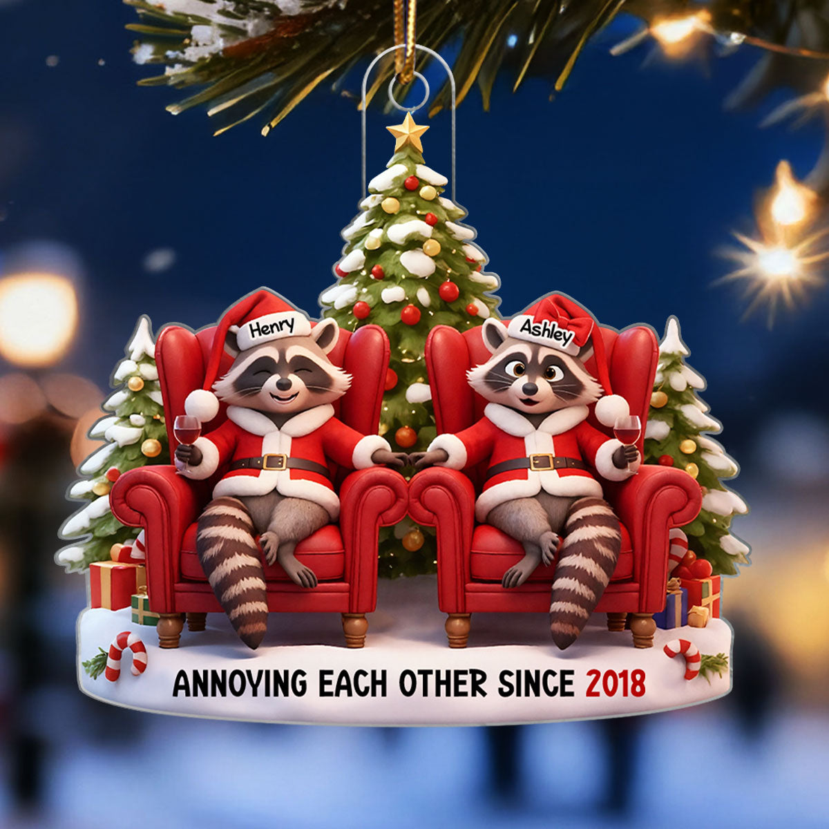 Funny Raccoon Couple Annoying Each Other - Personalized Acrylic Ornament - Christmas Gift for him, Gift for her