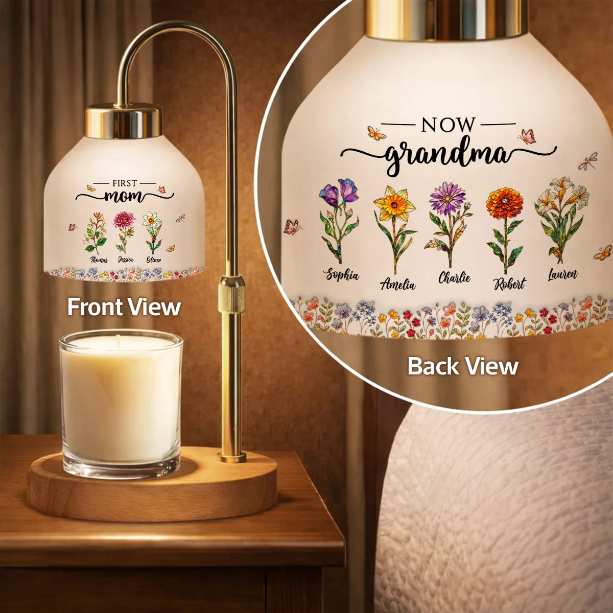 First Mom Now Grandma Custom Birth Flower - Personalized Candle Warmer Lamp - Heartfelt Mother's Day Gift for Grandma, Mom, Wife