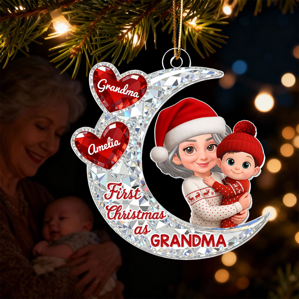 3D Effect Flat Moon First Christmas With New Baby - Personalized Acrylic Ornament - Christmas Gift For New Grandma, New Mom