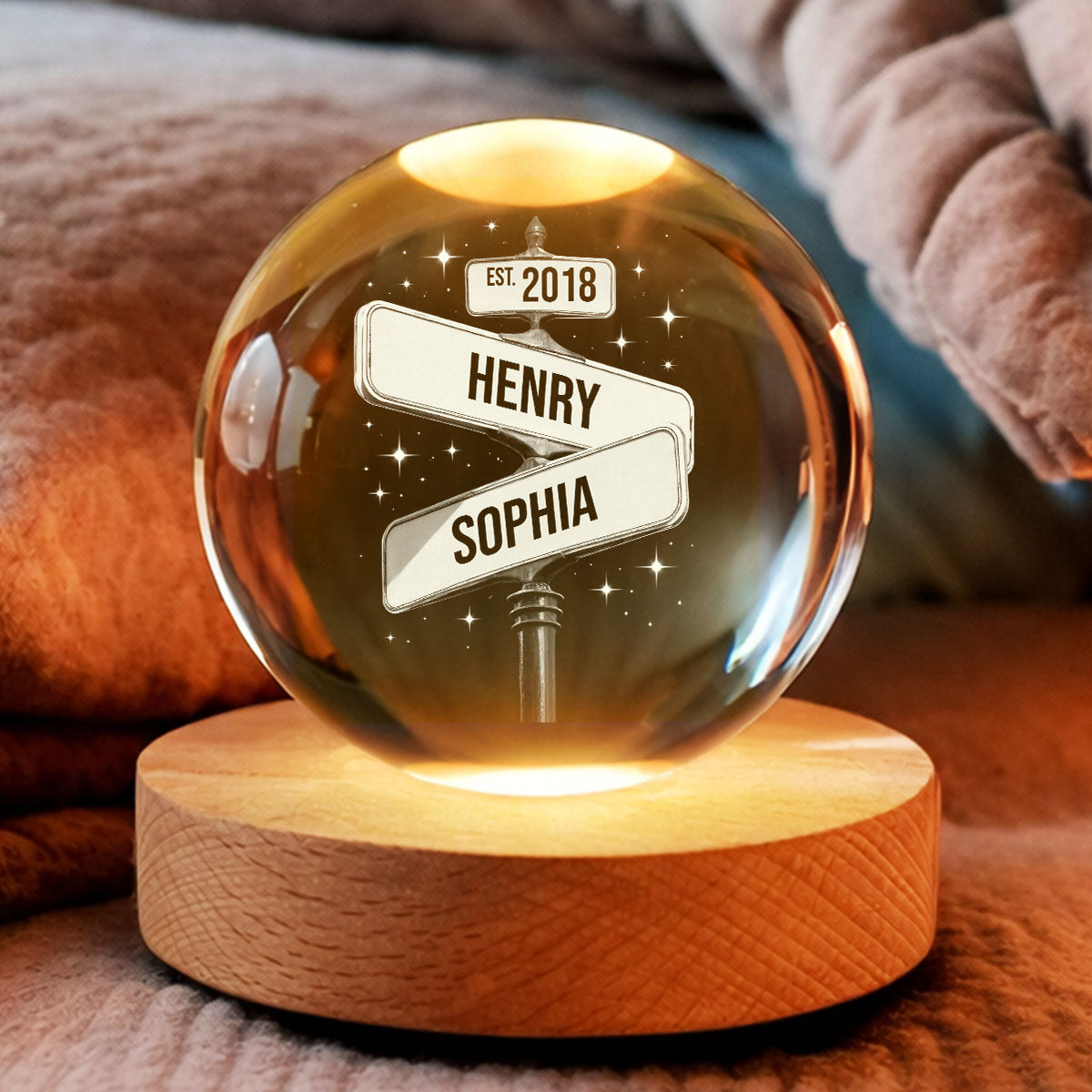 Custom Couple Street Sign - Personalized Crystal Ball LED Night Light - Sentimental Valentine's Day Gift for her, for him