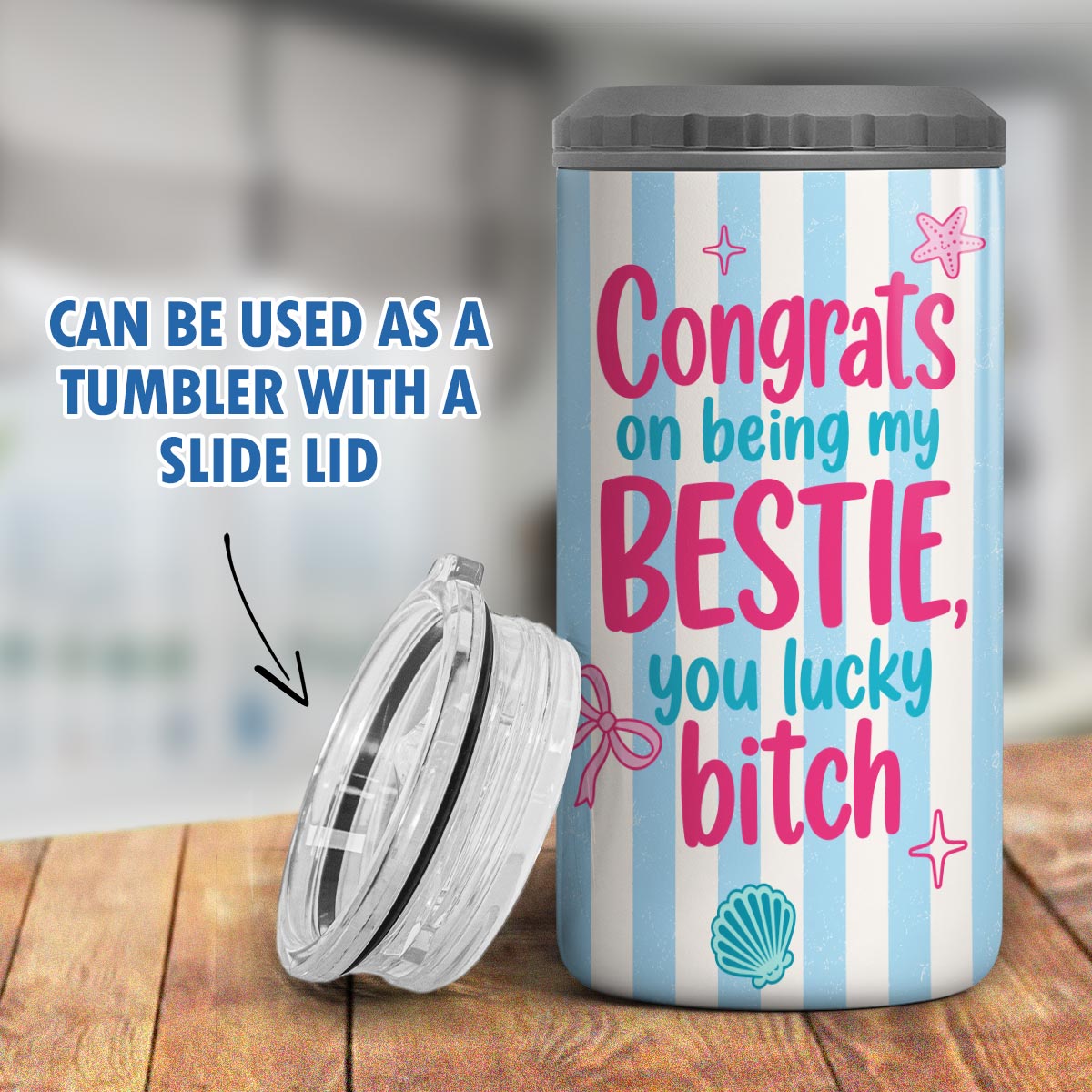 Congrats On Being My Bestie Stripe Style - Personalized Can Cooler - Summer