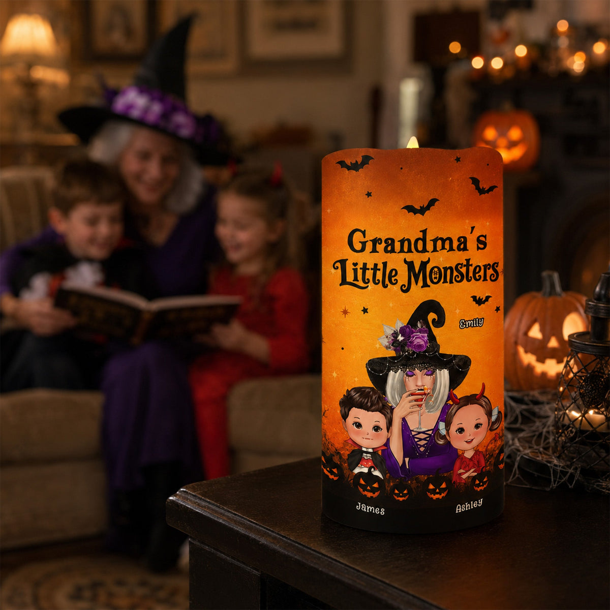 Grandma's Boo Crew Grandma Witch & Kids - Personalized LED Candle - Perfect Halloween Decor for Grandma