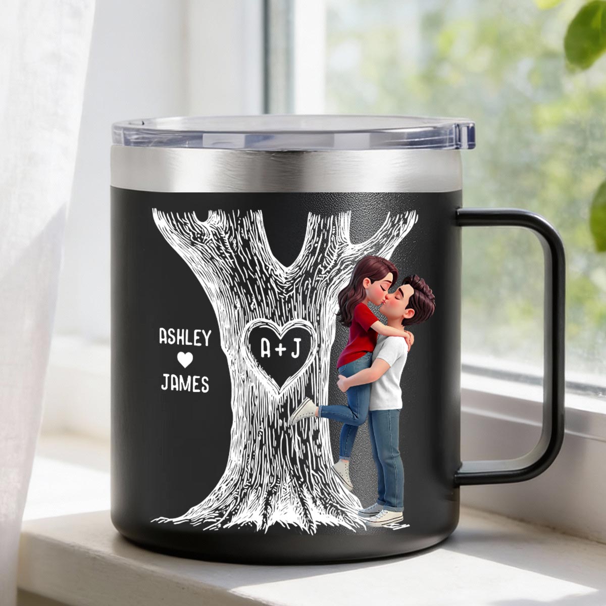 Eternal Love Couple Hugging Kissing Heart Carved Tree Of Love Initials - Personalized Tumbler With Handle - Heartfelt Valentine, Anniversary Gift For Him, For Her
