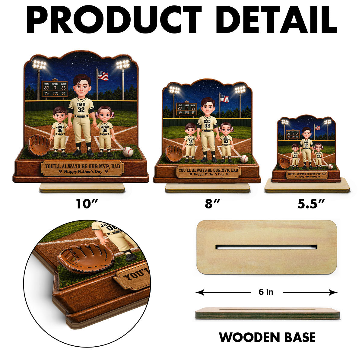Baseball Dad And Kids Friday Night Lights We Caught The Best Dad - Personalized 2-Layered Wooden Plaque -  Gift For Dad