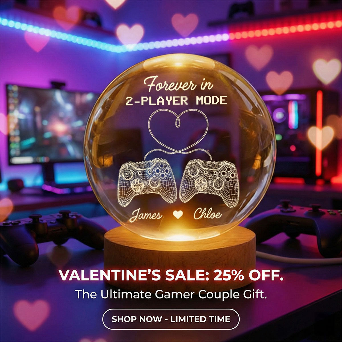Forever In 2-Player Mode Game Controllers - Personalized Crystal Ball LED Night Light - Gamer Couple Gift