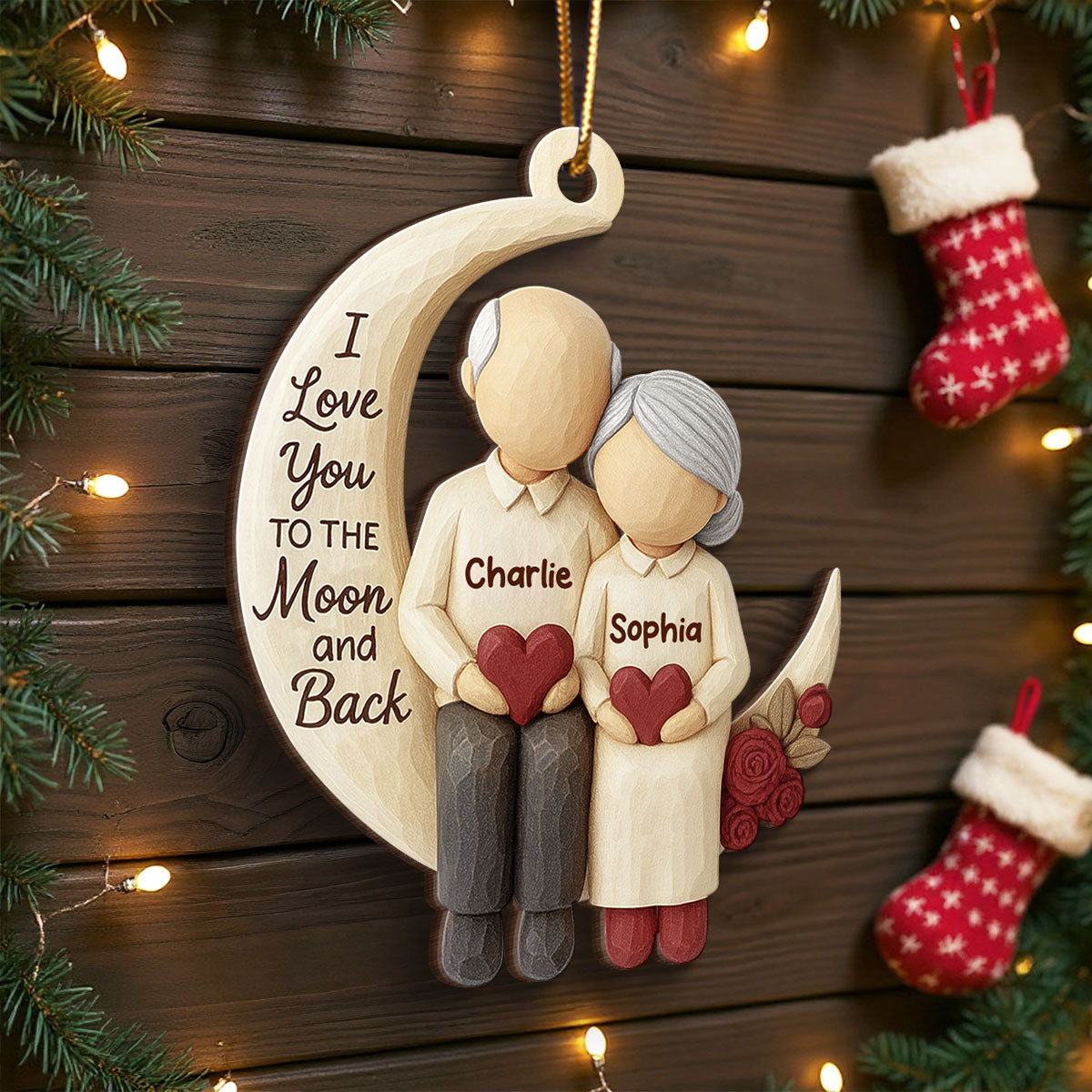 Old Couple Sitting on Moon - Personalized Wooden Ornament - Christmas Gift for him, Gift for her