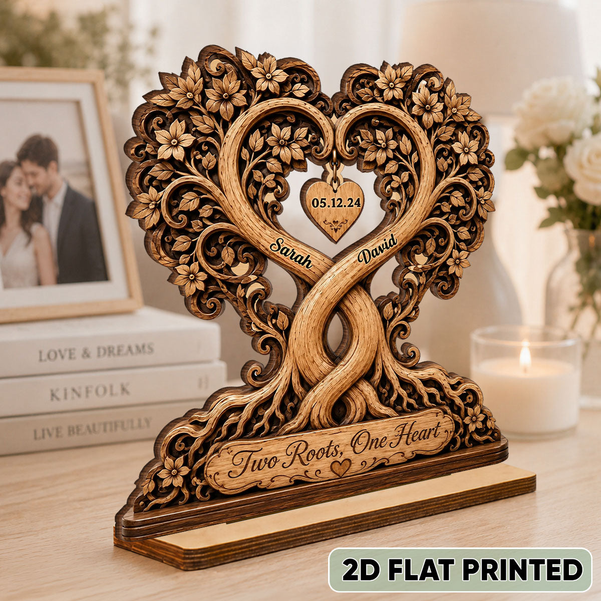 Two Roots One Heart Couple - Personalized 2-Layered Wooden Plaque - Heartfelt Anniversary Gift for Her, for Him