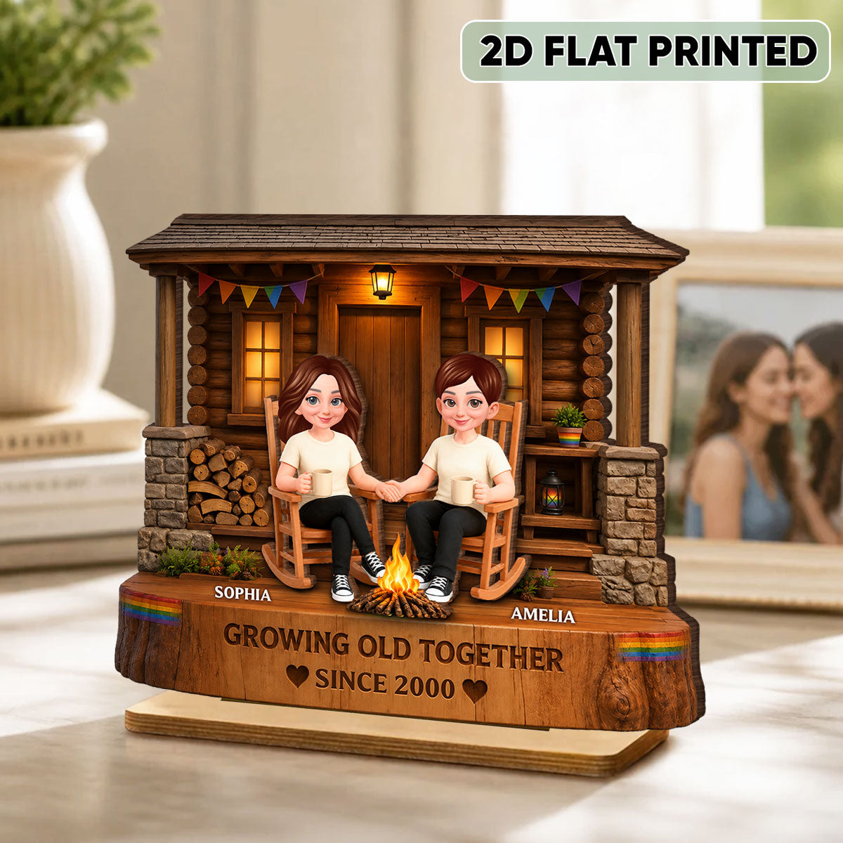 LGBT+ Couple Sitting On Front Porch - Personalized 2-Layered Wooden Plaque - Gift For Couple, Happy Pride Month
