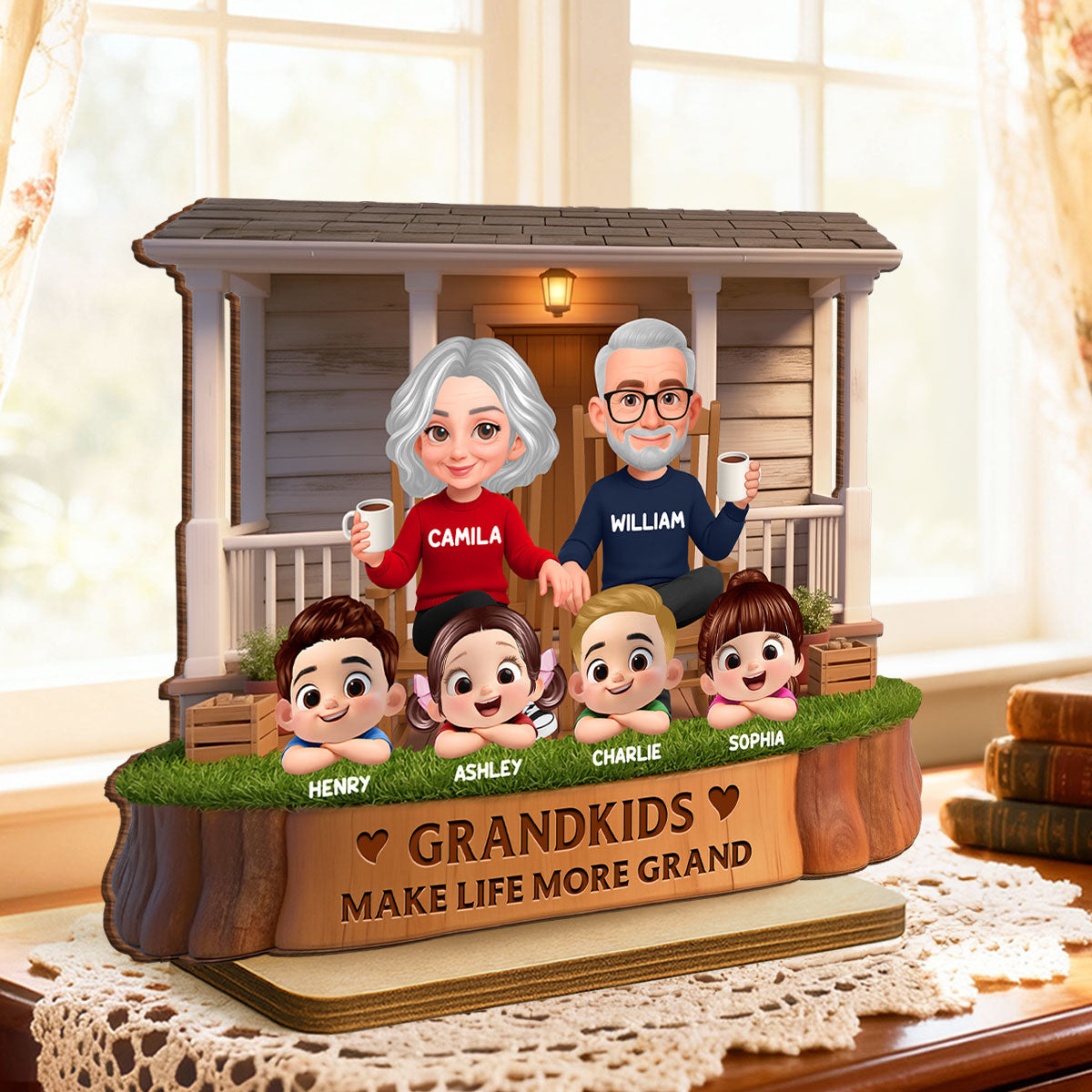 Grandkids Make Life Grand Grandparents On The Front Porch - Personalized 2-Layered Wooden Plaque - Gift for Grandma, Grandpa