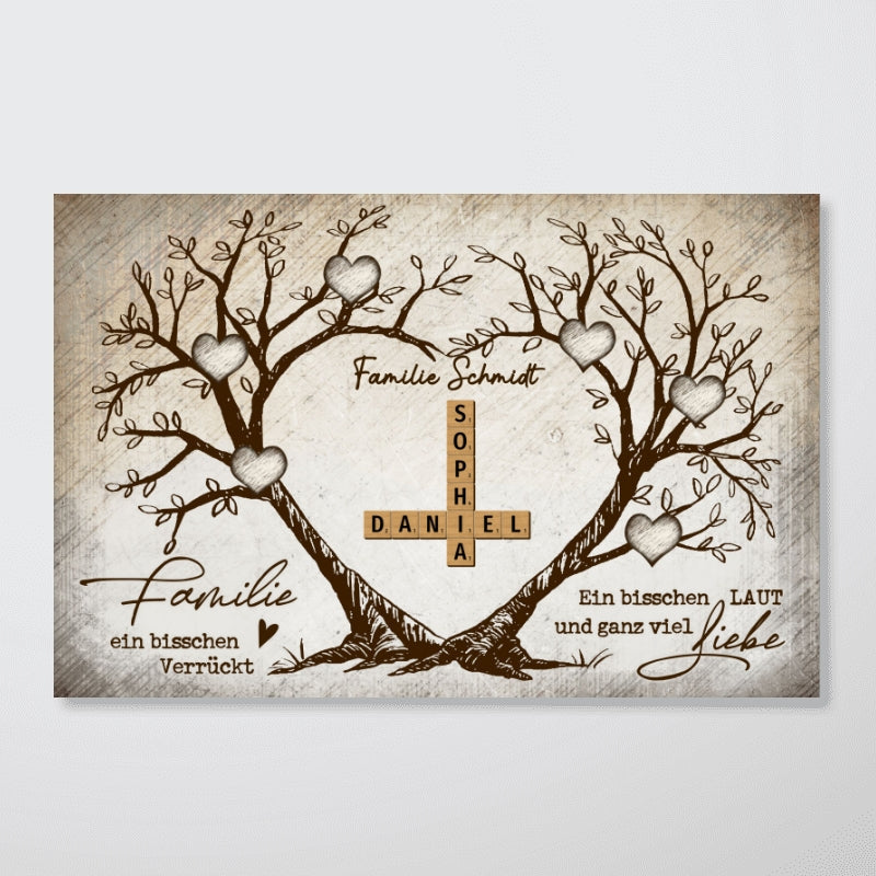 Personalisiertes Familien-Poster – Herzbaum & Kreuzworträtsel – Für immer verbunden – Geschenk für Familie, Mann & Frau