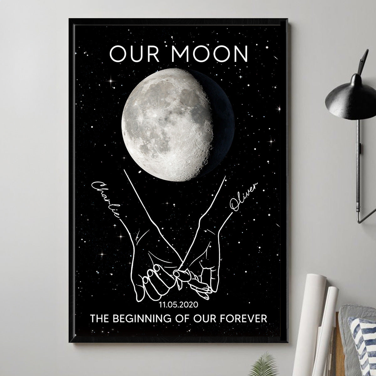 Couple Holding Hands Line Art Custom Moon Phase Anniversary Date - Personalized Poster - Gift For Couple