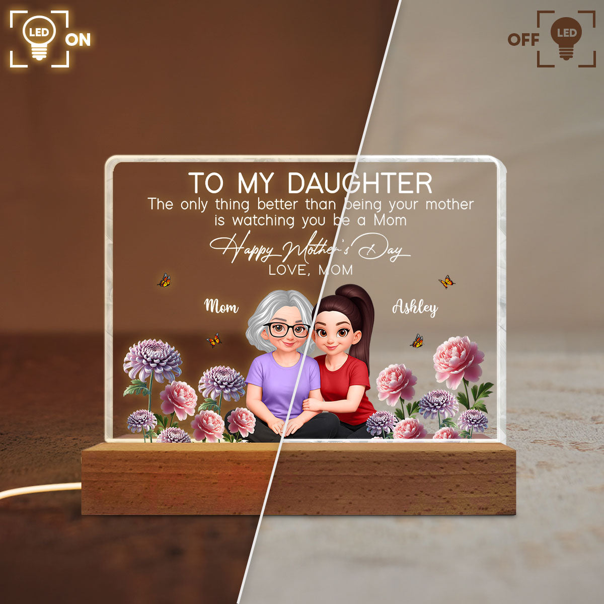 To My Daughter Happy Mother's Day Custom Birth Month Flower - Personalized Acrylic Block LED Plaque - Mother's Day Gift For Daughter