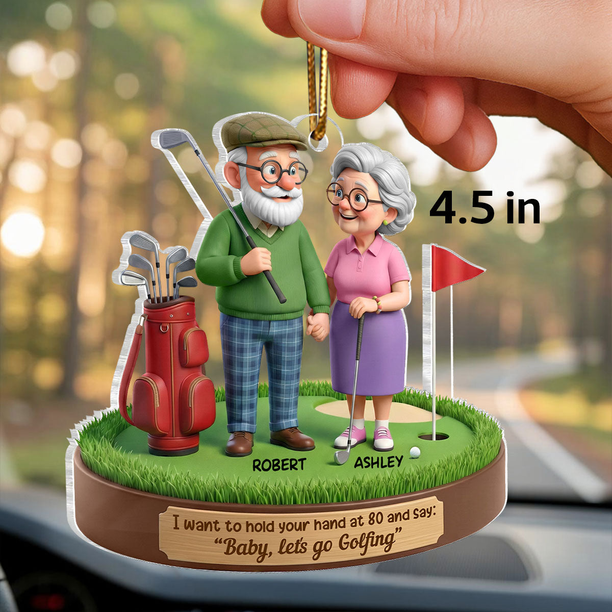 3D Effect Old Couple Baby Let's Go Golfing - Personalized Acrylic Car Hanger - Sentimental Gift for him, for her