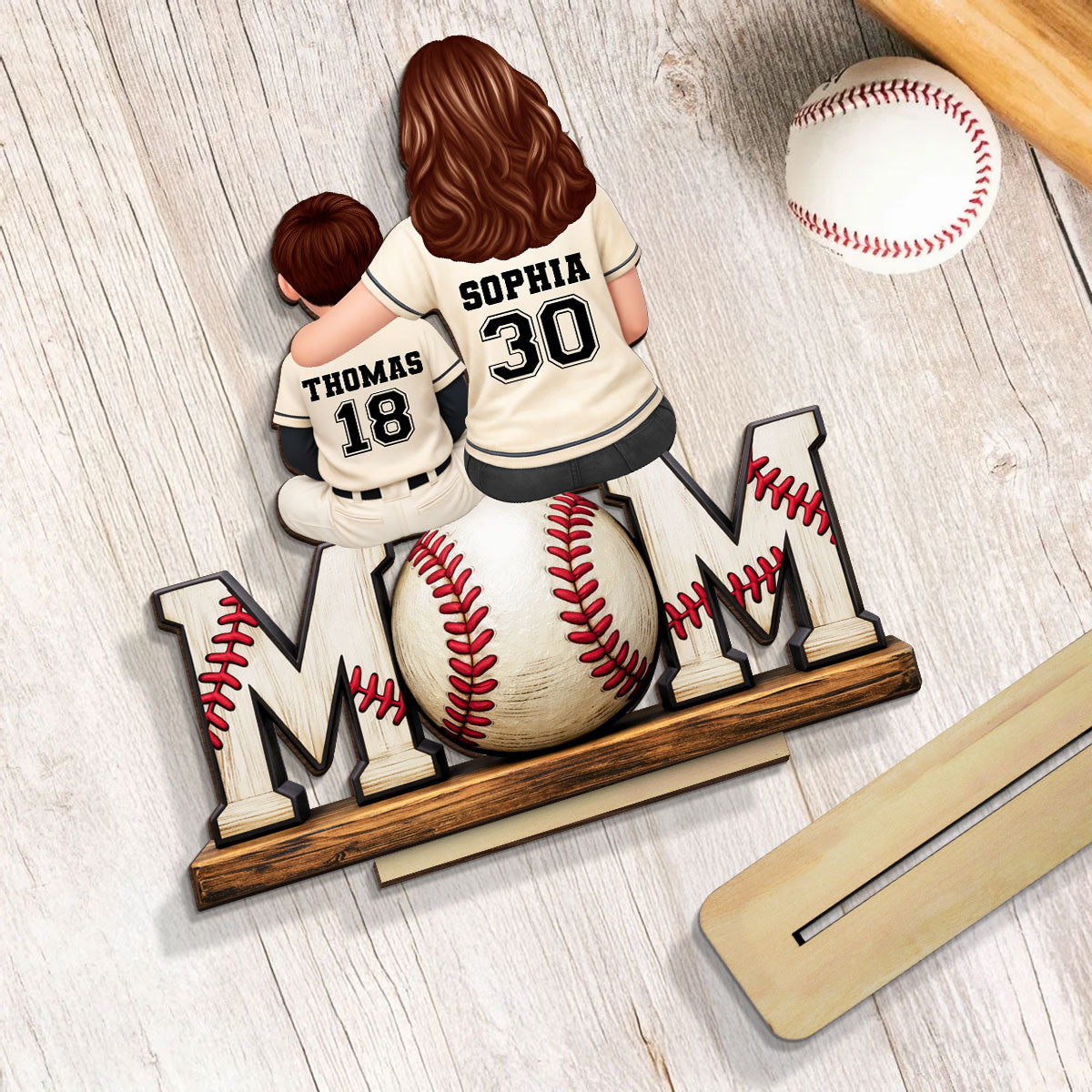 Baseball Mom and Kids Sitting Back View - Personalized 2-Layered Wooden Plaque - Heartfelt Gift for Mom