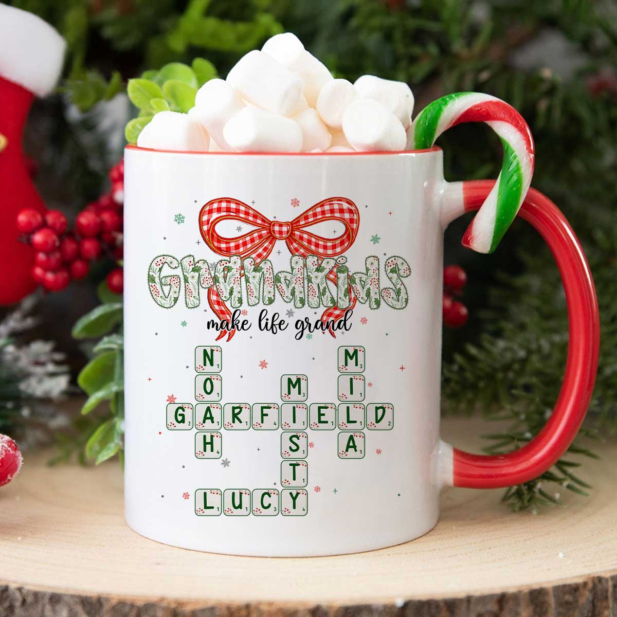 Grandkids Make Life Grand Coquette Floral Christmas Pattern Crossword Puzzle Art - Personalized Mug