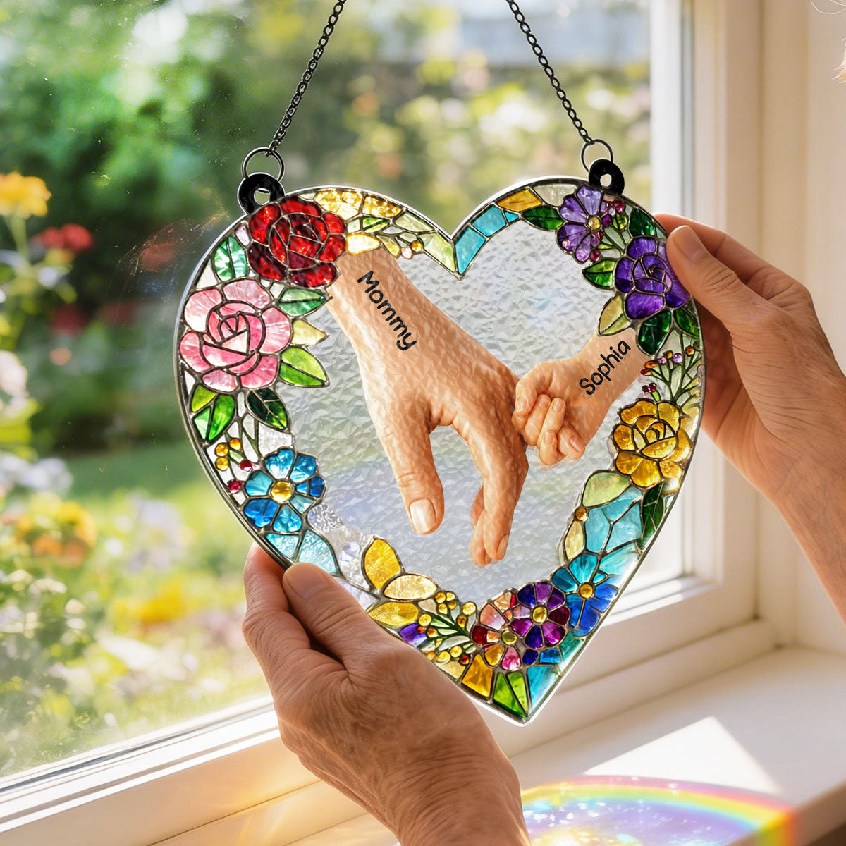 Kids Holding Mom Hand - Personalized Window Hanging Suncatcher - Mother's Day Gift for Mom, Wife