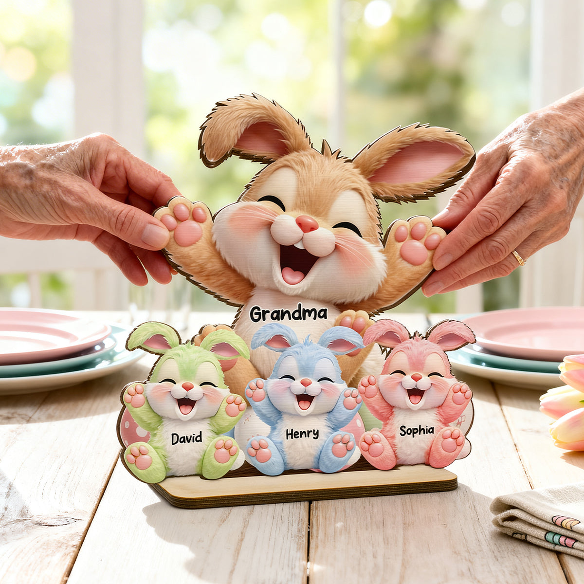 Grandma Bunny Easter Eggs - Personalized 2-Layered Wooden Plaque - Easter Decor for Grandma