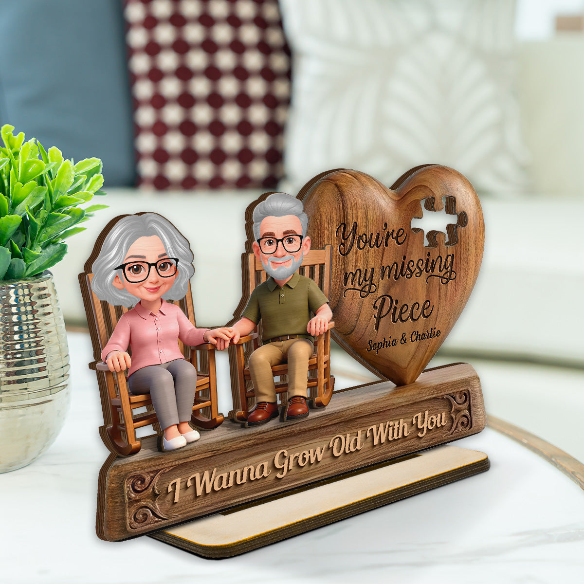 3D Effect Old Couple Sitting On Rocking Chair My Missing Piece - Personalized 2-Layered Wooden Plaque