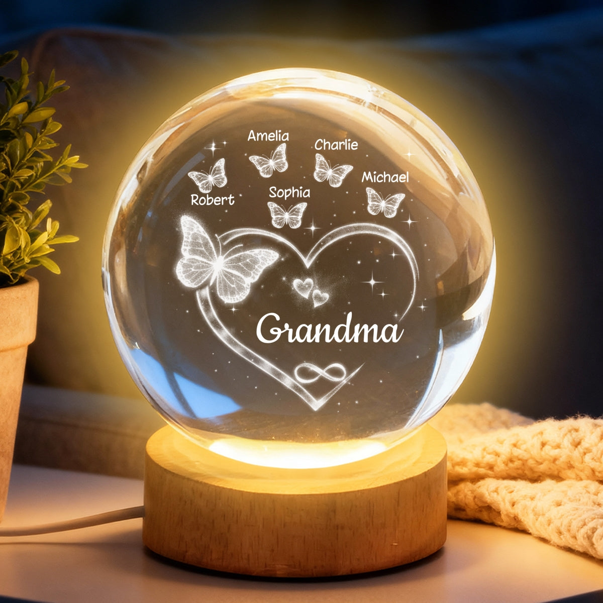 Grandma Butterfly Hearts with Grandkids' Names - Personalized Crystal Ball LED Night Light - Sentimental Gift for Grandma