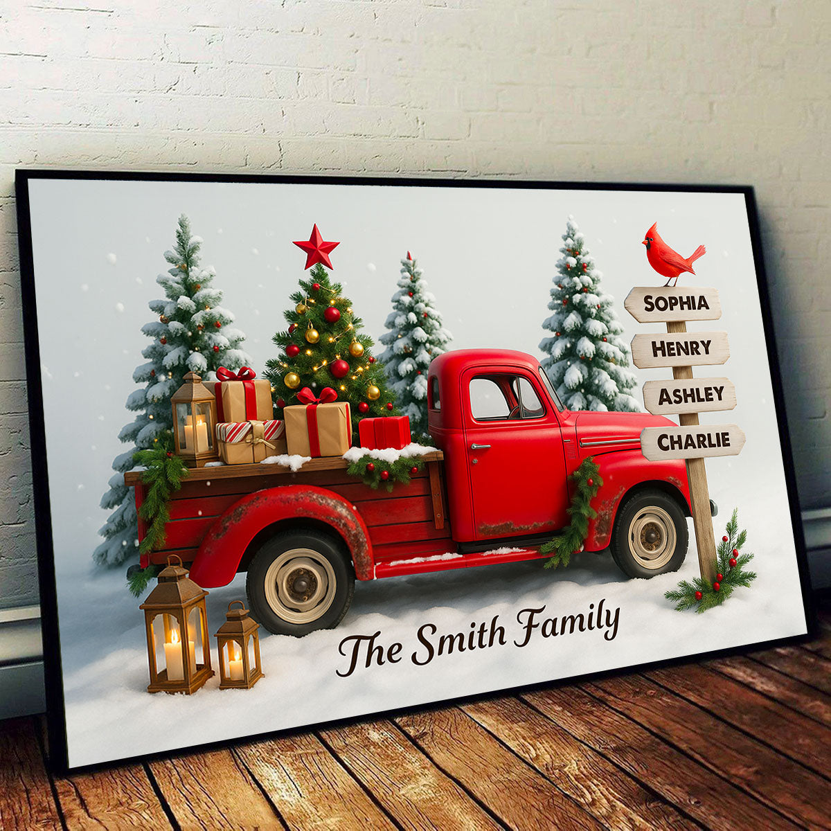 Red Christmas Truck Custom Family Name Sign Post - Personalized Poster - Christmas Gift for Family