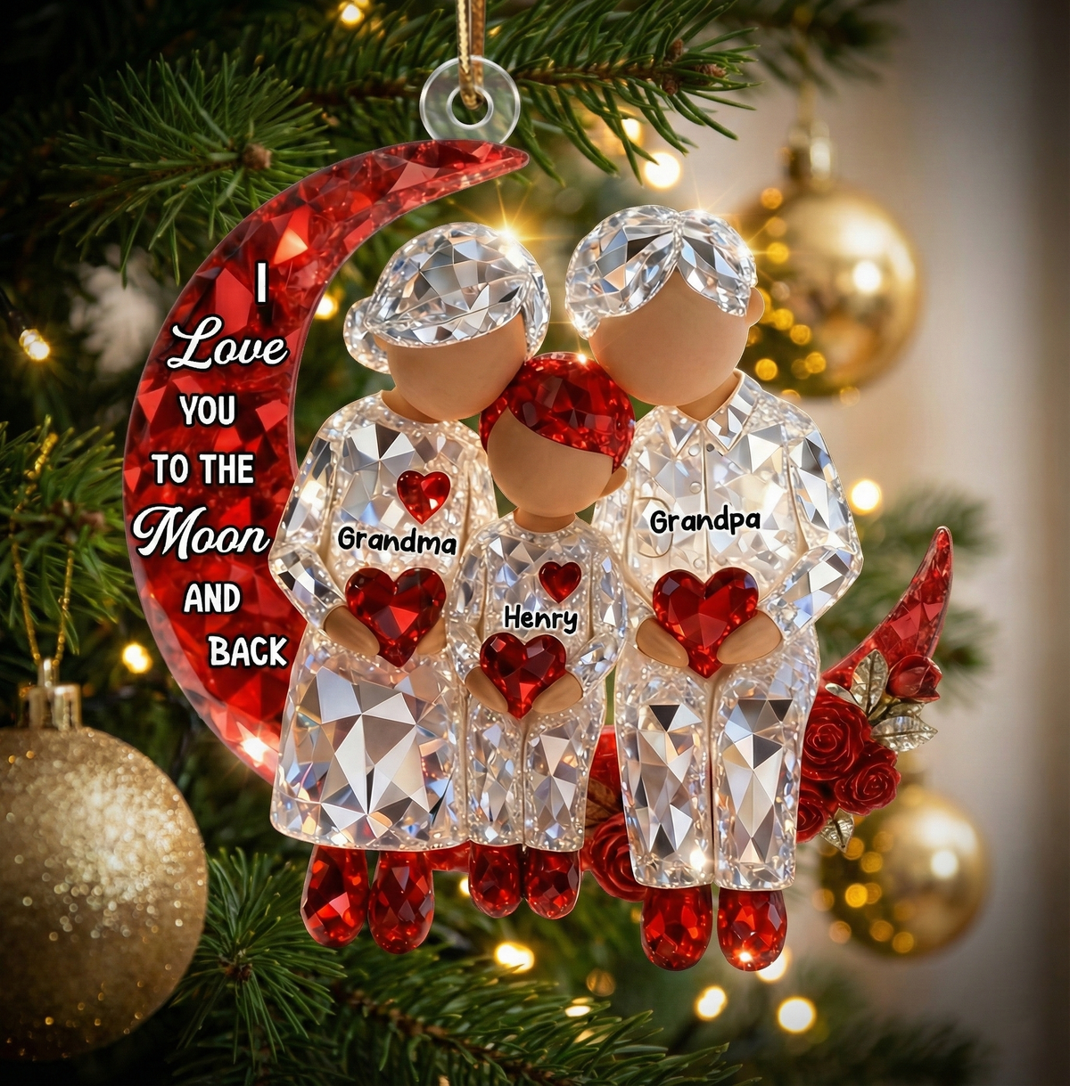 3D Crystal Effect Grandma Grandpa Grandkid Sitting on Moon  - Personalized Acrylic Ornament - Christmas Gift for Grandma, Grandkids