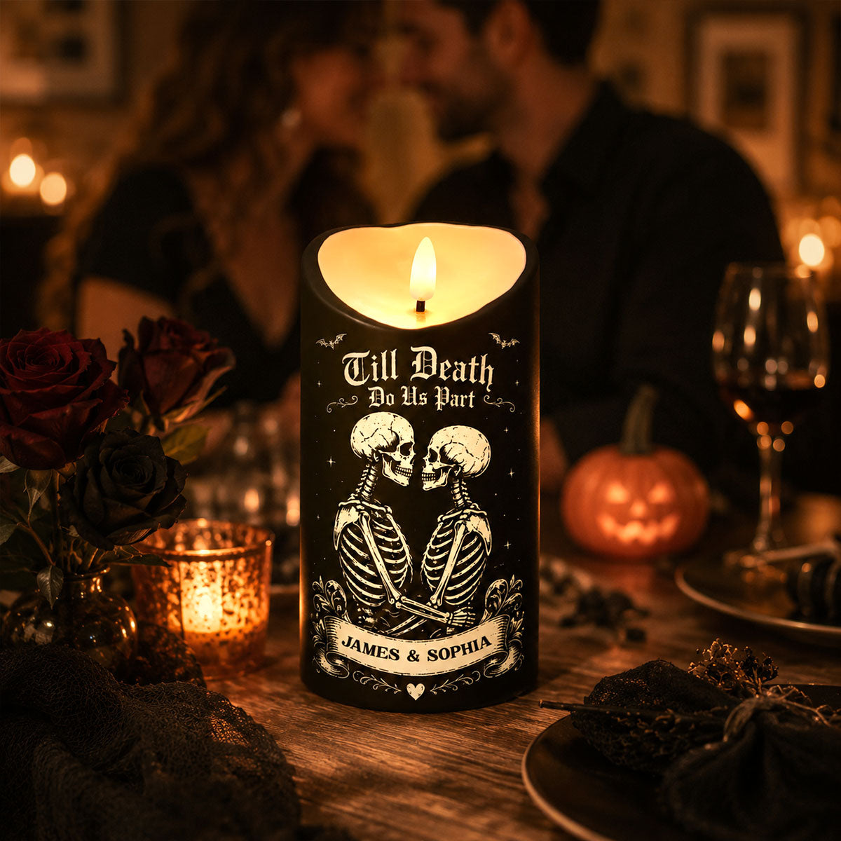 Till Death Do Us Part Skeleton Couple Black Theme - Personalized LED Candle - Halloween Decor For Couple
