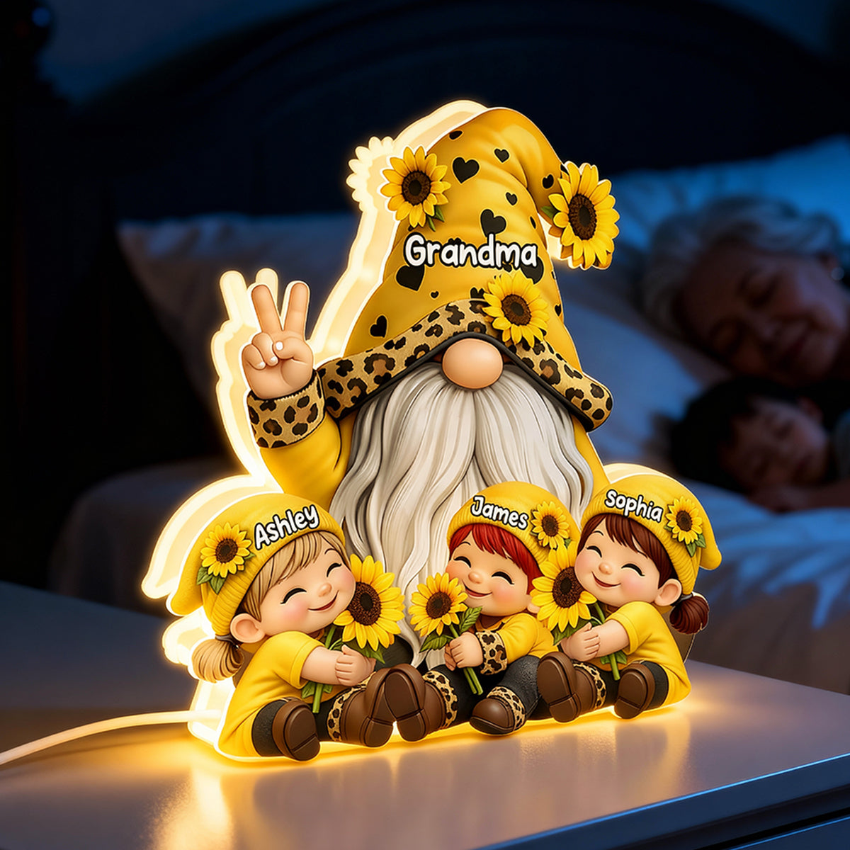 Gnome Grandma & Grandkids Sunflower - Personalized Light Box - Sentimental Gift for Grandma