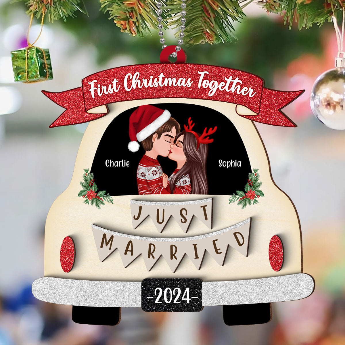 First Christmas Married Couple In Wedding Car Personalized 2-Layer Wooden Ornament, Christmas Gift For Newlyweds