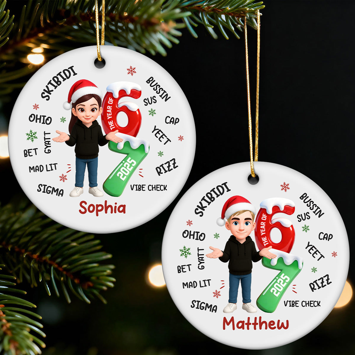 Teen Boy Girl 2025 Trending Slang Christmas 67 Six Seven Posing - Personalized Ceramic Ornament - Funny Christmas Gift For Teen, Grandkid, Gen Alpha