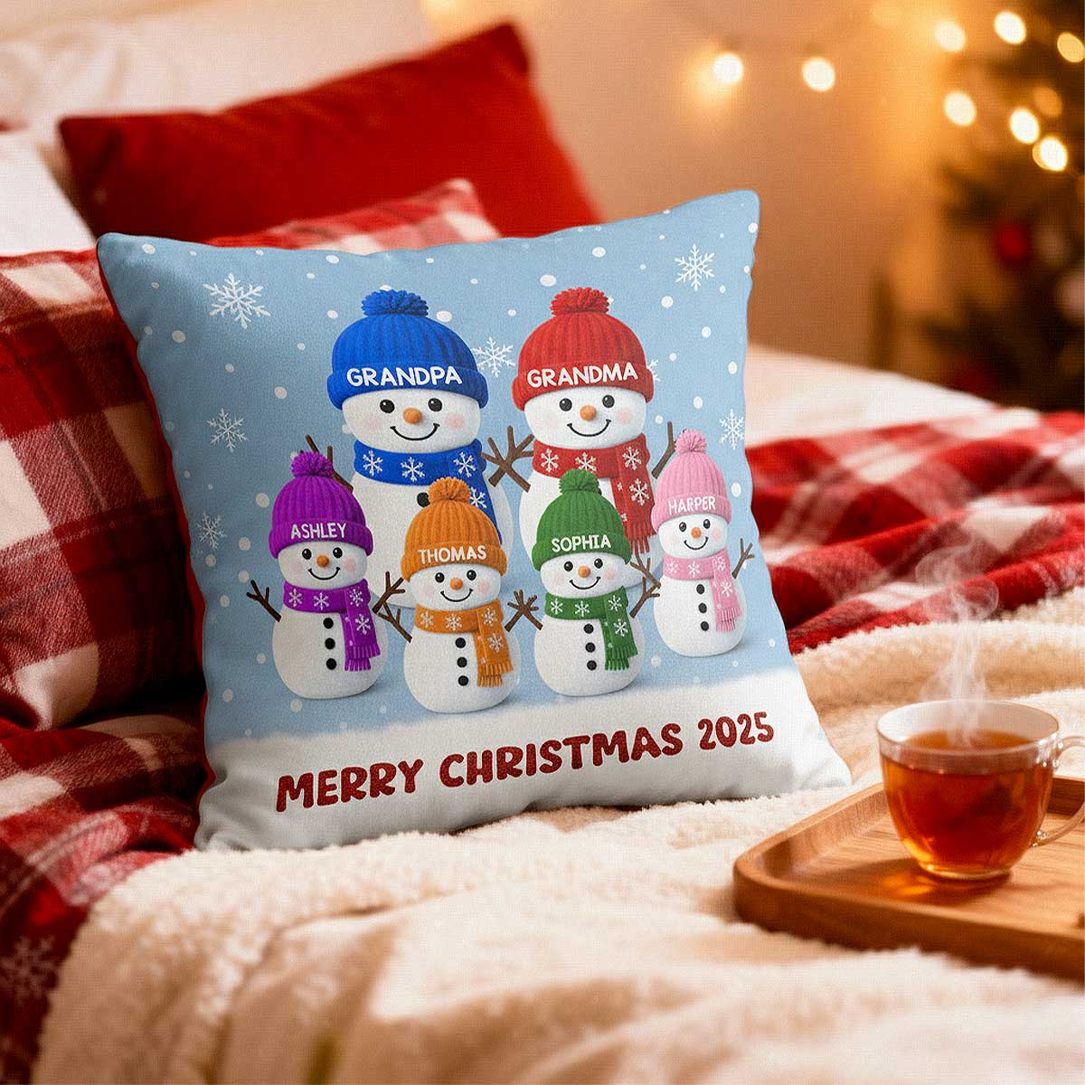 3D Effect Velvet Texture Christmas Grandma Grandkids Snowman Together - Personalized Pillow