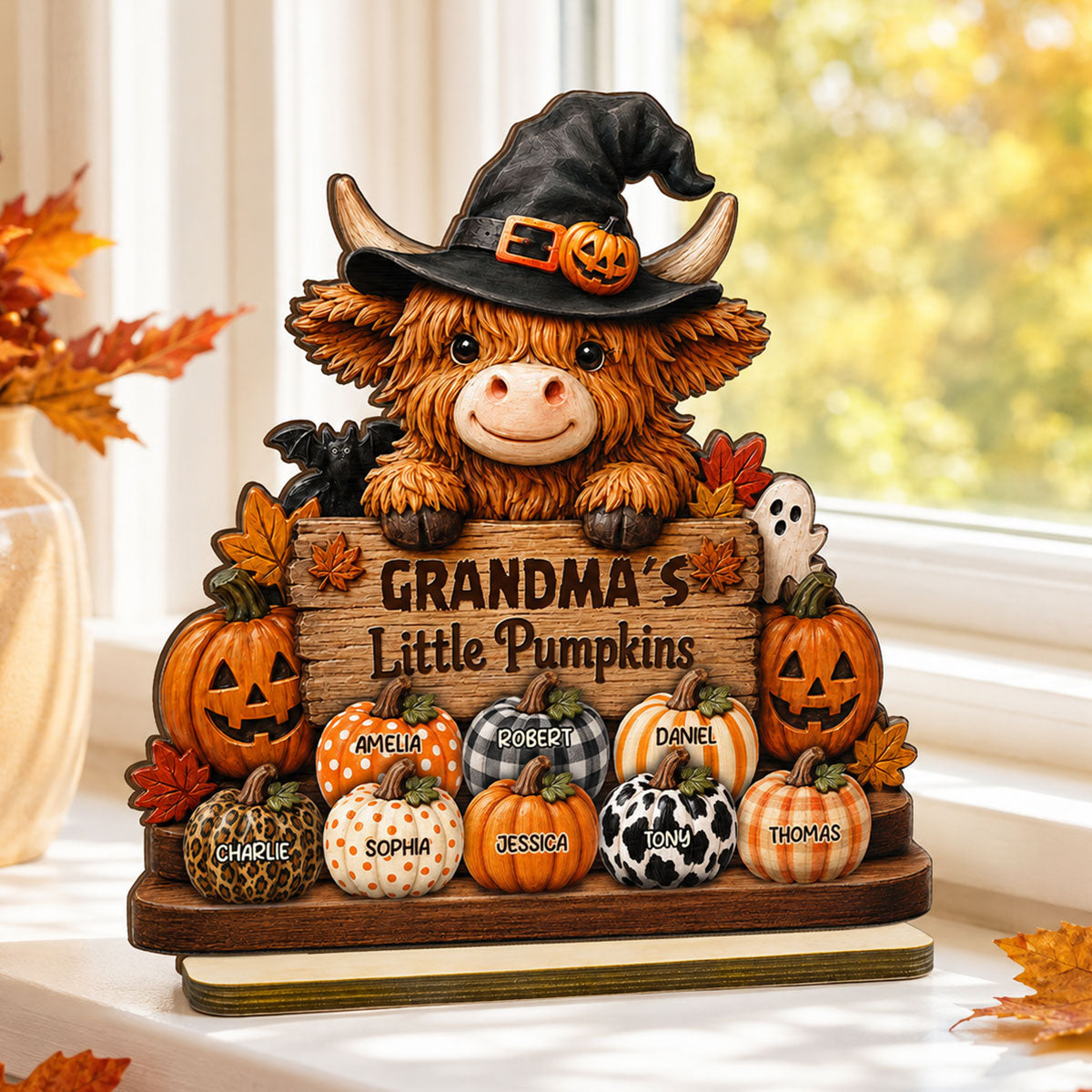 Highland Cow Grandma's Little Pumpkins - Personalized 2-Layered Wooden Plaque - Fall Decor For Grandma