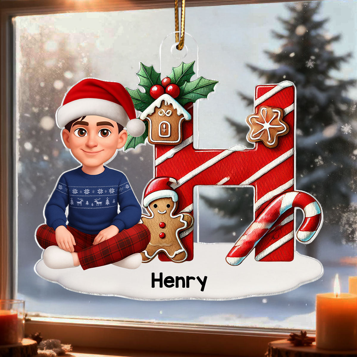 3D Effect Candy Cane Initial Letter Family Member Name - Personalized Acrylic Ornament - Unique Christmas Gift For Family