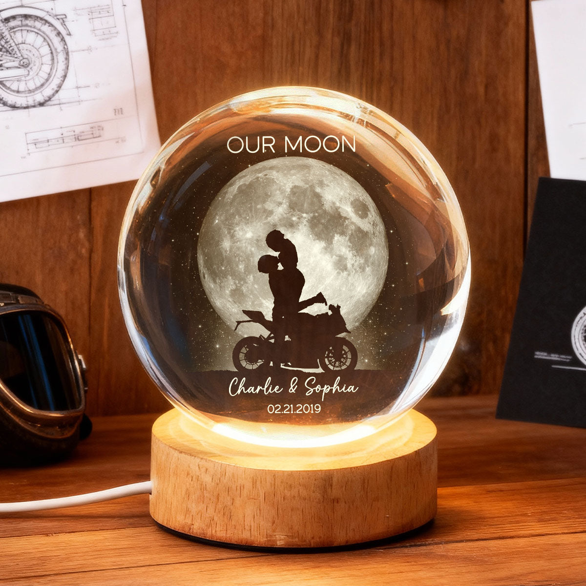 Biker Couple Kissing in the Moonlight, Custom Moon Phase by Date - Personalized Crystal Ball LED Night Light - Heartfelt Valentine's Day Gift for Her, for Him
