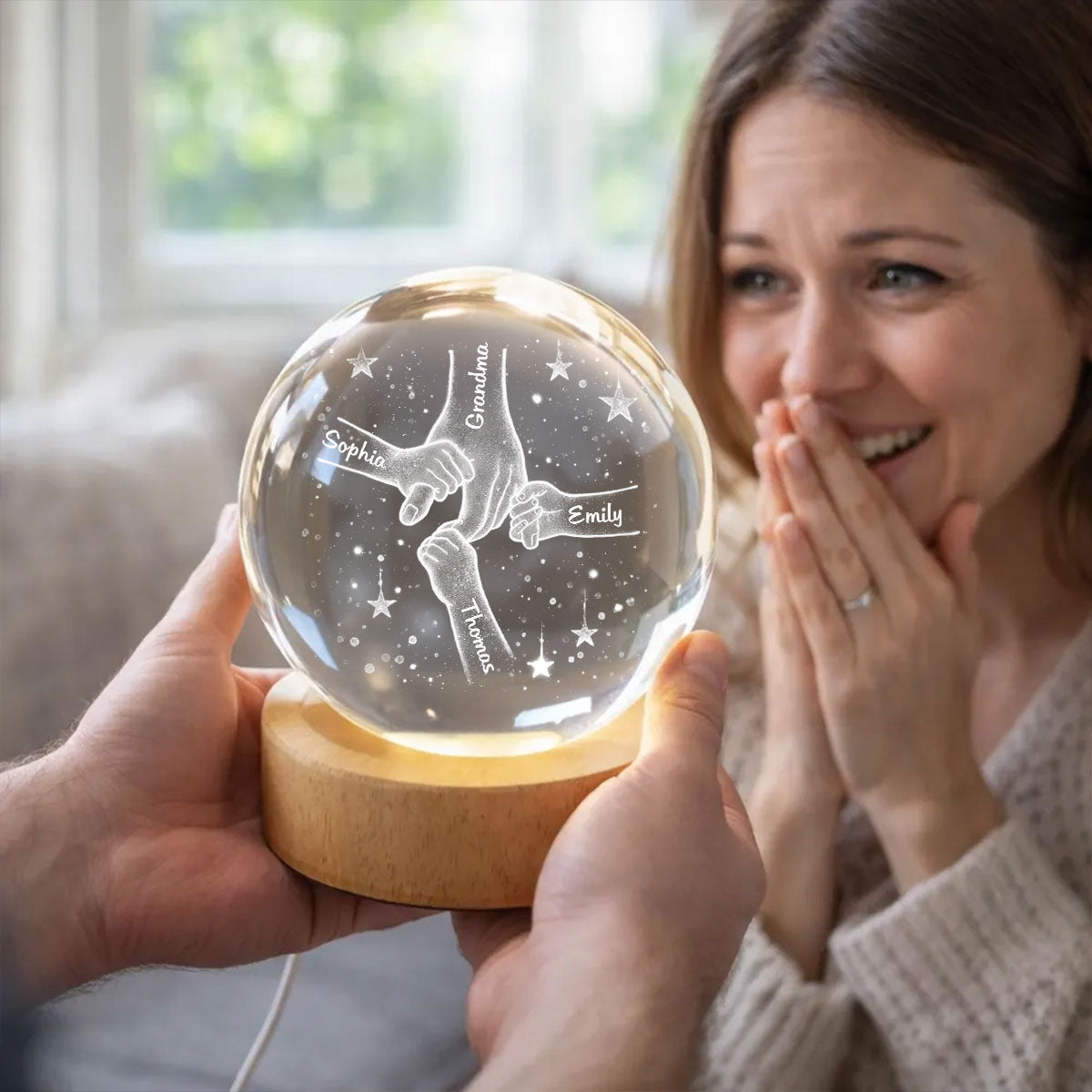 Mom Grandma Kids Holding Hands - Personalized Crystal Ball LED Night Light - Sentimental Mother's Day Gift for Mom, Grandma, Wife