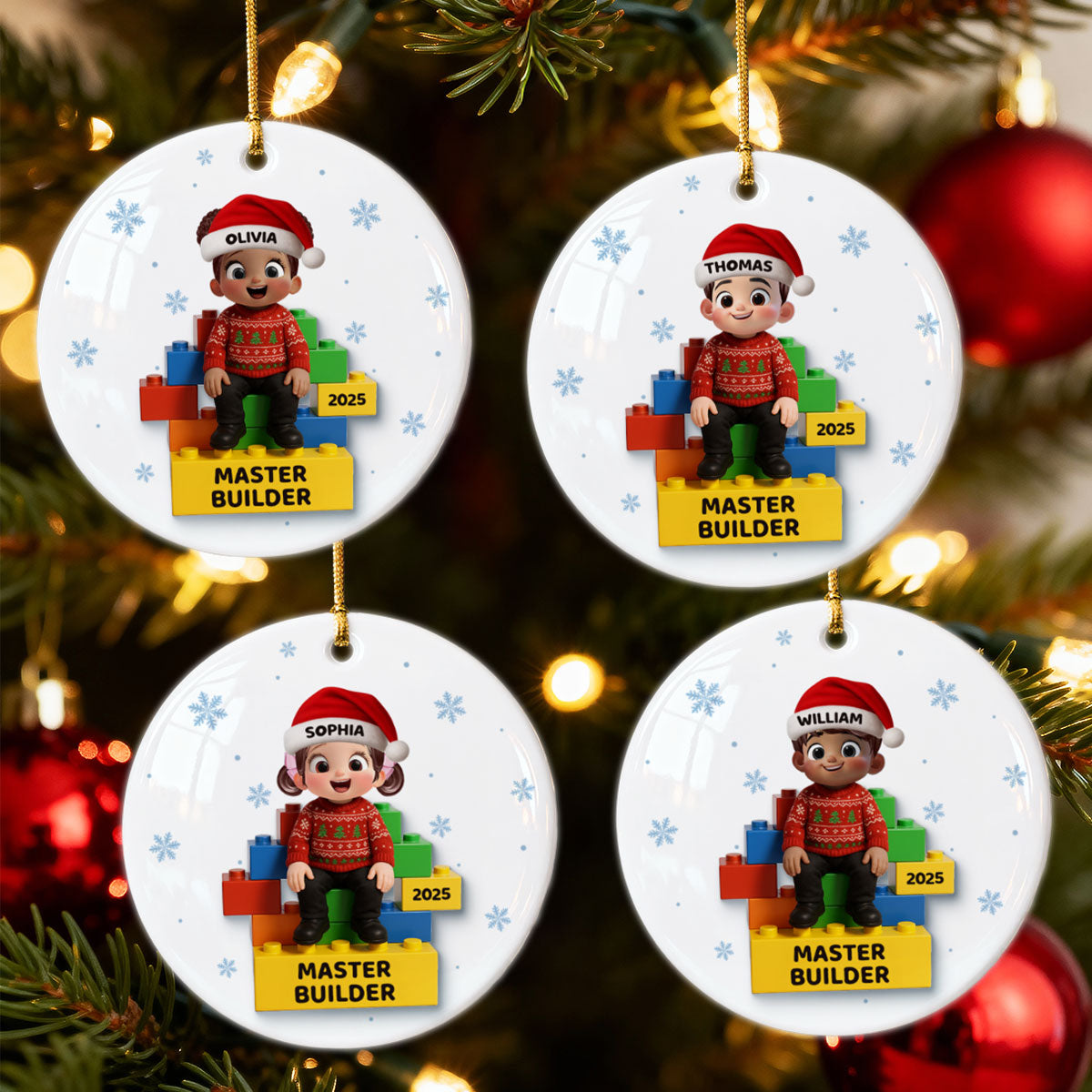 3D Effect Little Kid Master Builder Christmas - Personalized Ceramic Ornament - Christmas Gift For Grandkids, Grandson, Granddaughter