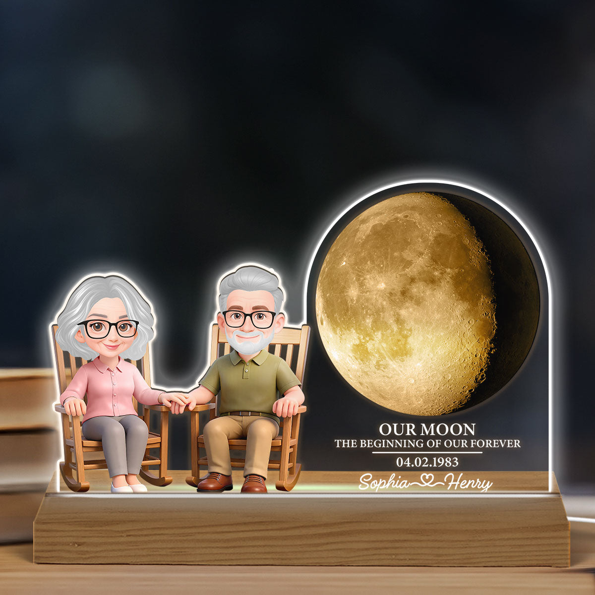 Old Couple Sitting On Rocking Chair Custom Moon Phase - Personalized Acrylic Plaque LED Night Light