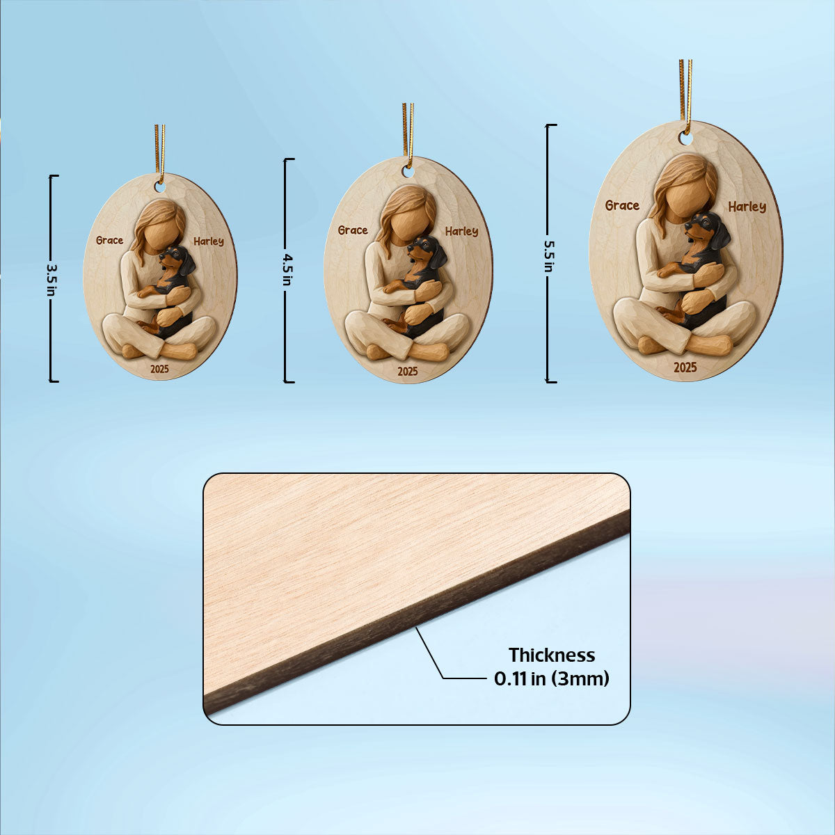 3D Effect Girl & Her Dog - Personalized Wooden Ornament - Gift For Dog Lover