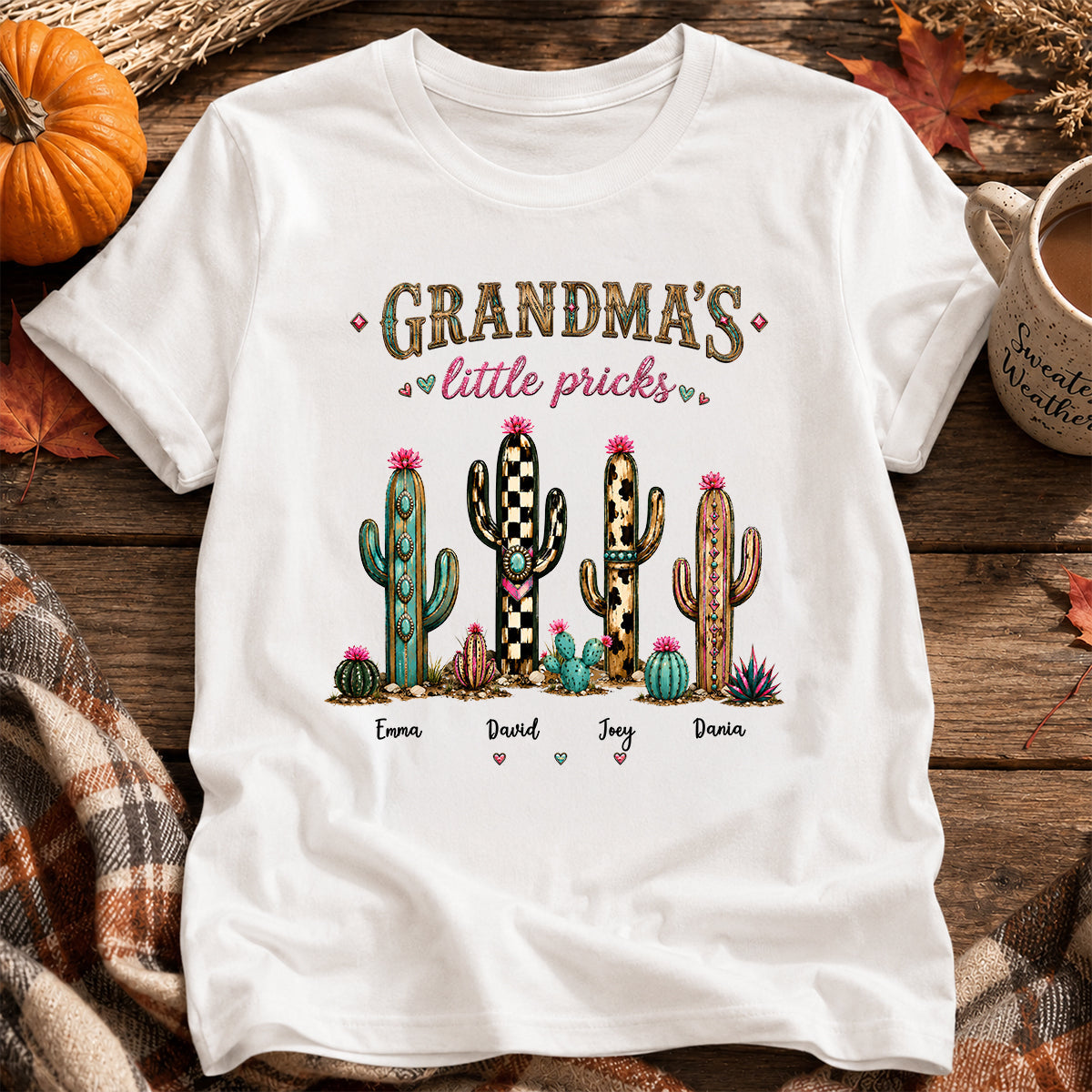 Grandma's Little Pricks - Personalized Shirt - Leopard Cactus Fall Vibe, Trendy Tee for Grandma