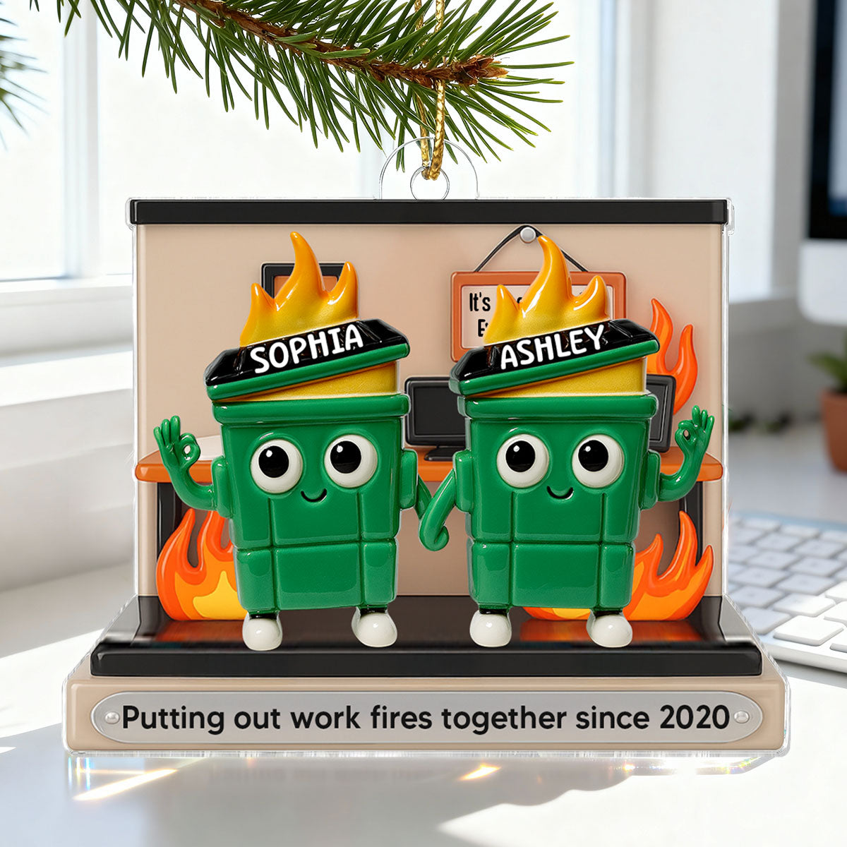 [BUY 1 GET 1 FREE] 3D Effect Dumpster Fires In Office Scene - Personalized Acrylic Ornament - Funny Gift For Colleagues, Work Besties