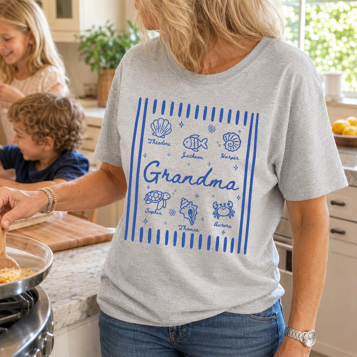 Blue Retro Summer Grandma Mom - Personalized Shirt