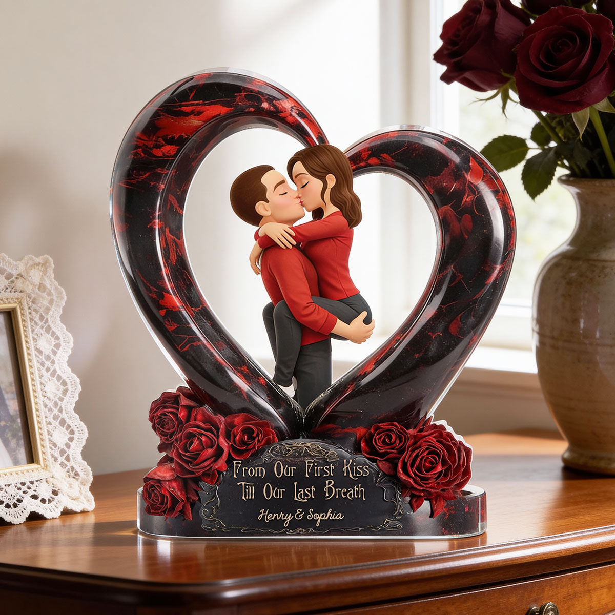 Couple Dark Romantic Heart Rose - Personalized Acrylic Block Plaque - Anniversary, Valentine's Day Gift, Gift For Him, Gift For Her