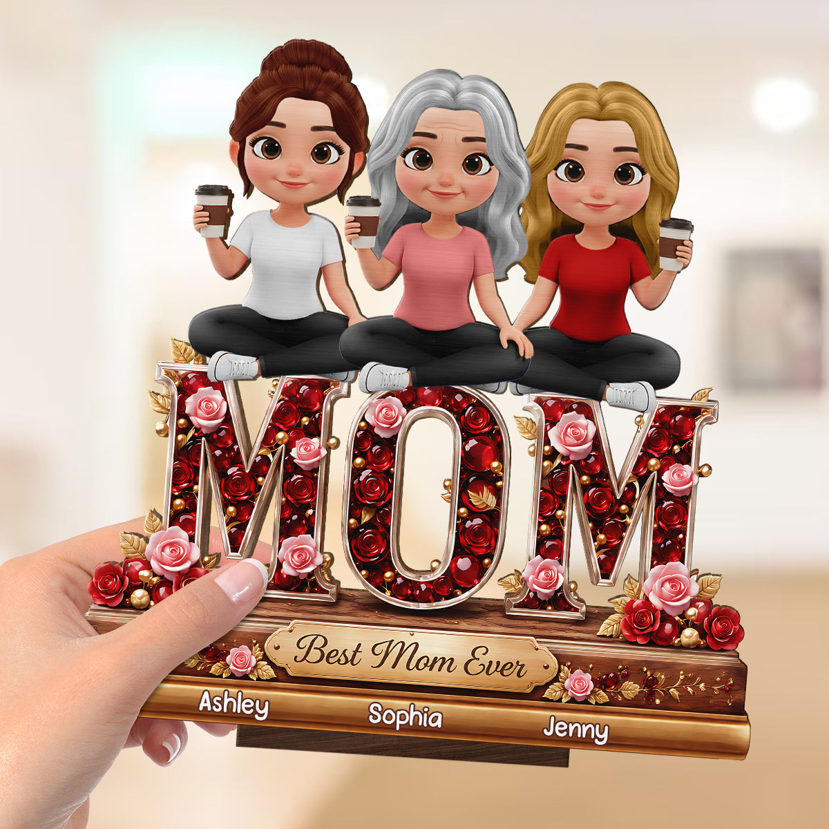 Best Mom Ever Mom And Daughters - Personalized 2-Layered Wooden Plaque - Heartfelt Gift For Mom, Grandma