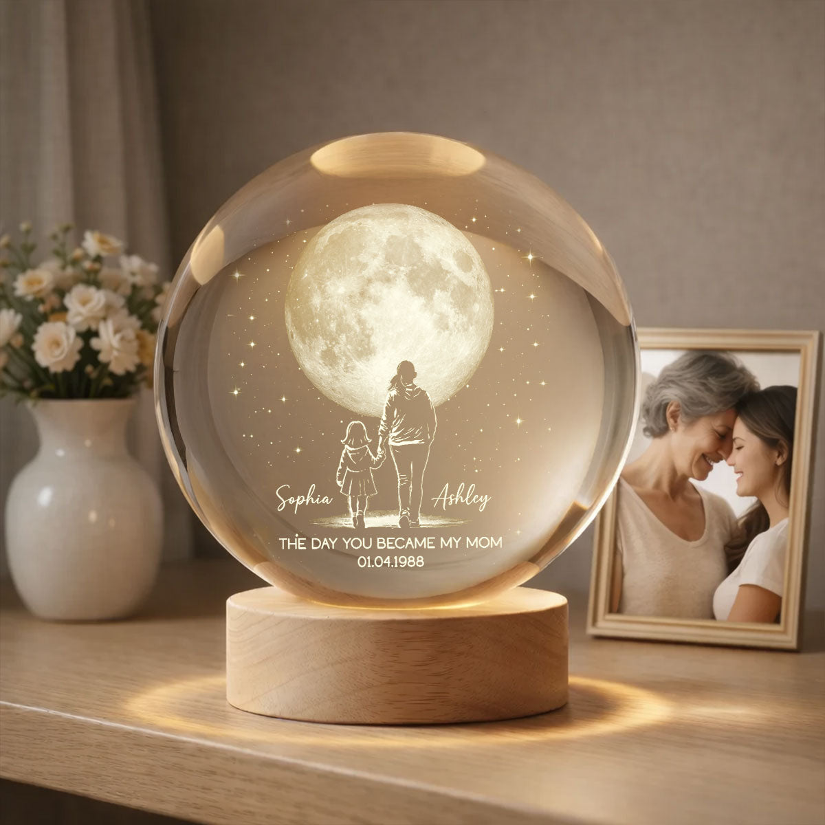 The Day You Became My Mom Custom Moon Phase by Date - Personalized Crystal Ball LED Night Light - Mother's Day Gift for Mom