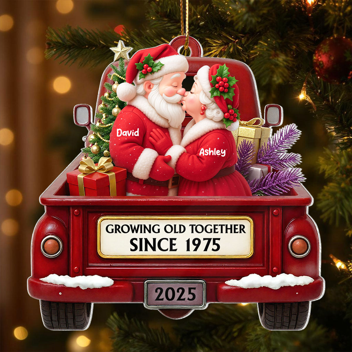 Growing Old Together Santa Couple Red Truck - Personalized Acrylic Ornament - Heartwarming Christmas Gift For Him, For Her, For Couple