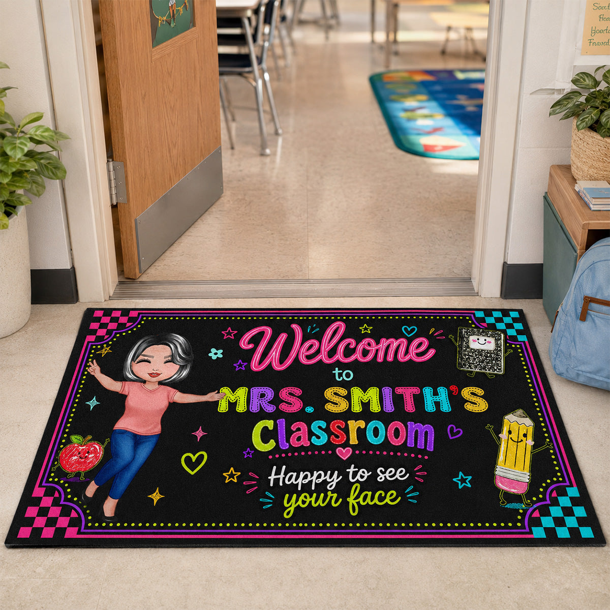 Happy To See Your Face Happy Teacher Preppy Neon Theme - Personalized Doormat - Classroom Students Welcome Decor